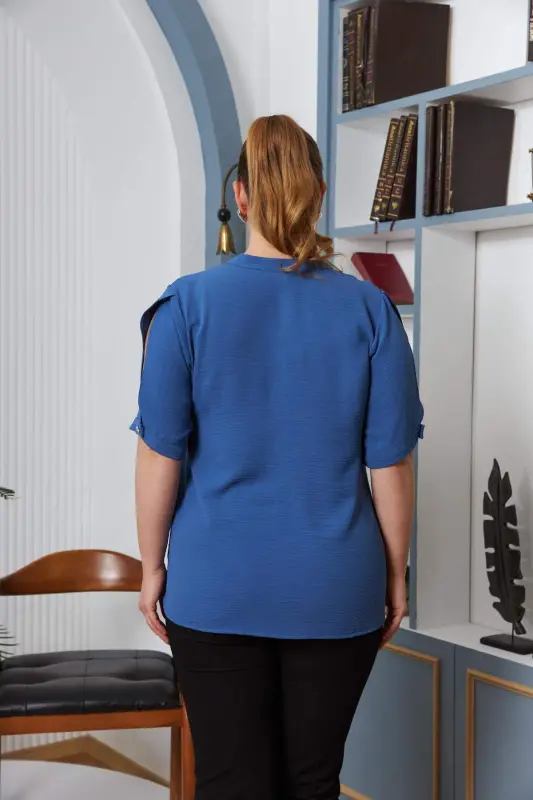 Kol Yirtmach Detalli Katta O'lchamli Bluza Indigo - 3