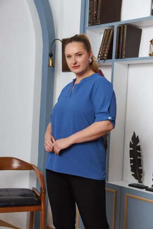 Kol Yirtmach Detalli Katta O'lchamli Bluza Indigo - 2