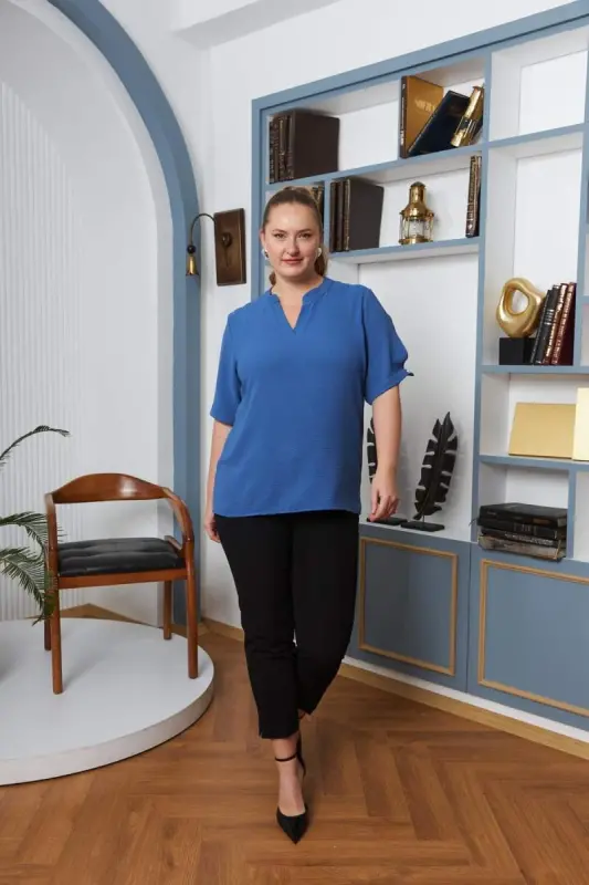 Kol Yirtmach Detalli Katta O'lchamli Bluza Indigo - 4