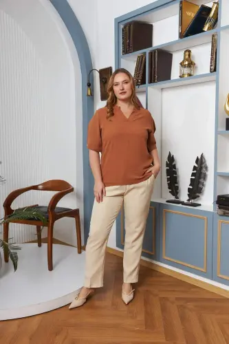 Kol Yirtqich Batafsil Katta Hajmli Bluzka Camel - 5