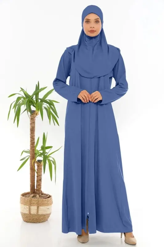 Kolay Giyilebilen Fermuarlı Tek Parça Namaz Elbisesi Indigo Mavi - indigo mavi - 1