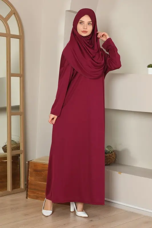 Kolay Giyilebilen Tek Parça Namaz Elbisesi Bordo - BORDO - MISS LEDONNA