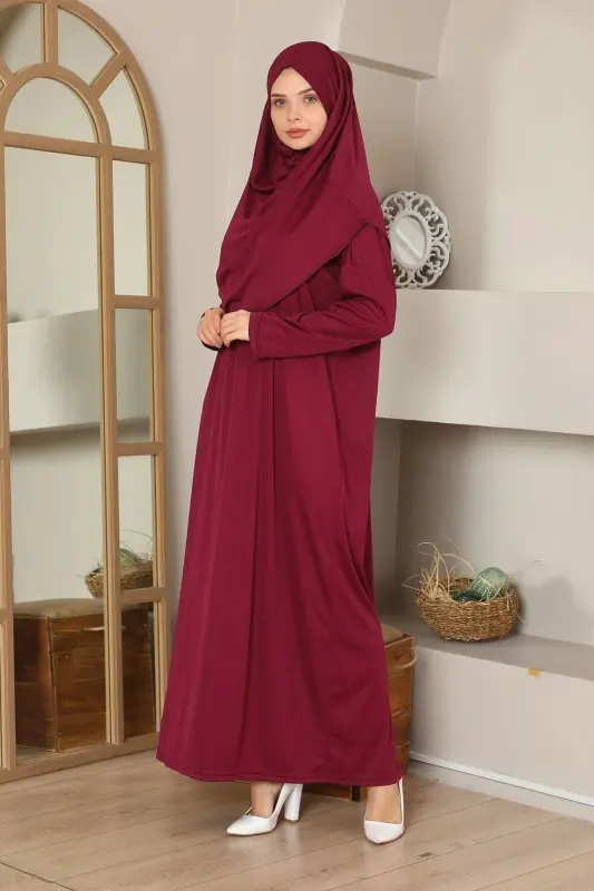 Kolay Giyilebilen Tek Parça Namaz Elbisesi Bordo-BORDO - 2