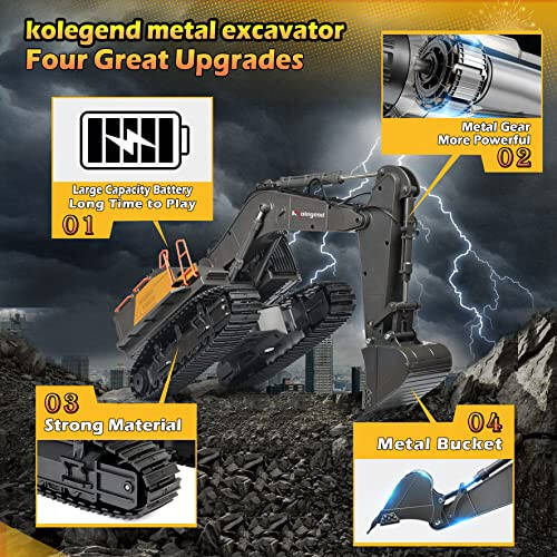 kolegend Remote Control Excavator Toy 1/14 Scale RC Excavator, 22 Channel Upgrade Full Functional Construction Vehicles Rechargeable RC Truck with Metal Shovel and Lights Sounds - 2