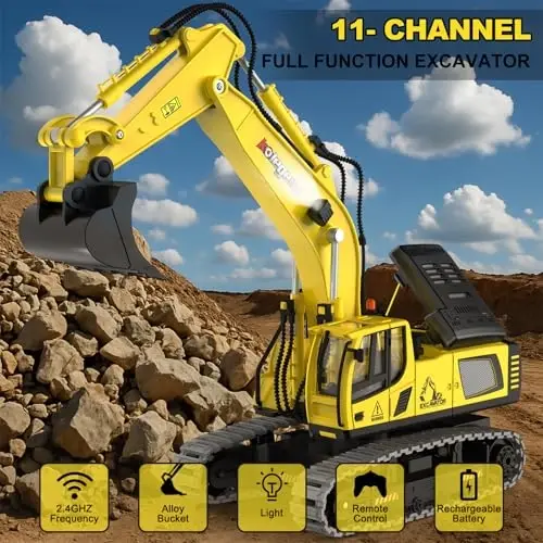 kolegend Remote Control Excavator Toy 16 Inch, 11 Channel RC Construction Vehicles Hydraulic Haulers Digger Toys Gift for 6+ Years Old Kids Boys - 5