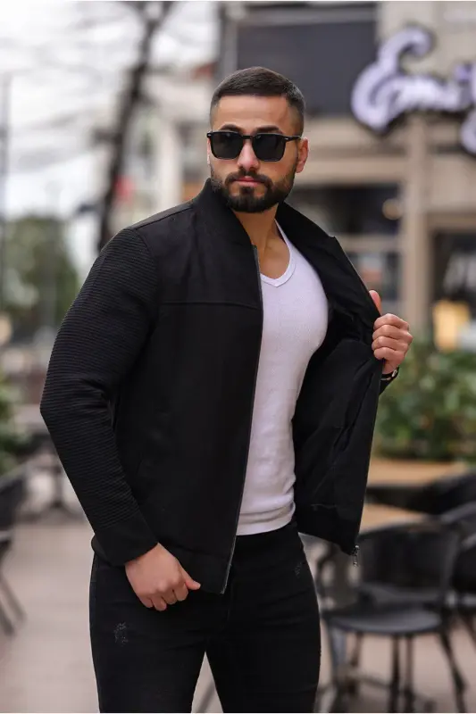 Kolej Bomber Triko Kol Süet Ceket-Triko Siyah - 1