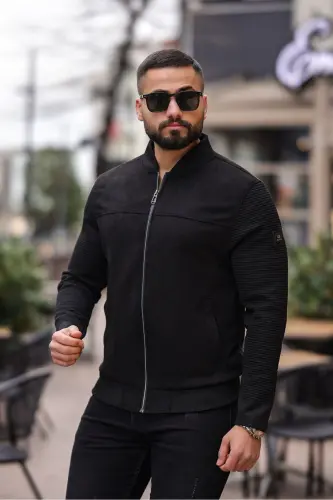 Kolej Bomber Triko Kol Süet Ceket-Triko Siyah - 3