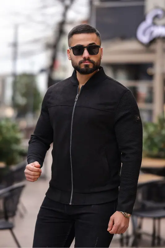 Kolej Bomber Triko Kol Süet Ceket-Triko Siyah - 3