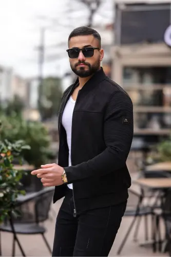 Kolej Bomber Triko Kol Süet Ceket-Triko Siyah - BASEL.CO (1)