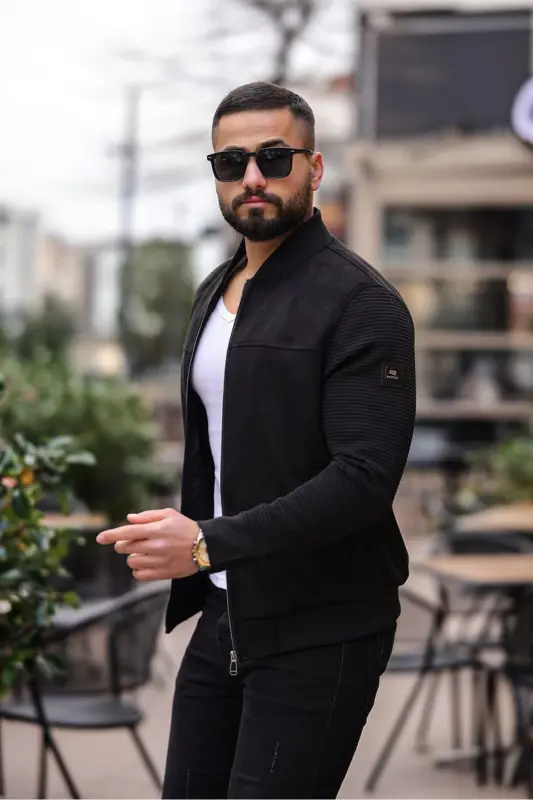 Kolej Bomber Triko Kol Süet Ceket-Triko Siyah - 2