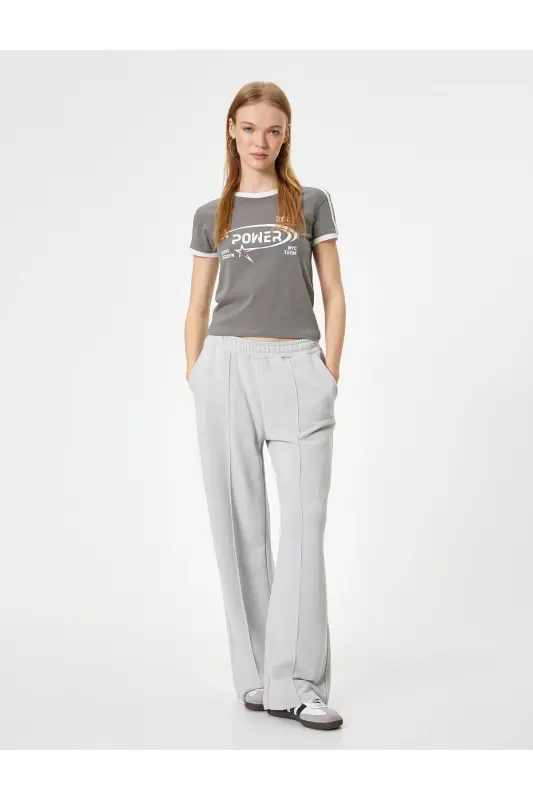 Kolej Tişört Baskılı Slim Fit Bisiklet Yaka Şerit Detaylı - Antrasit - 2