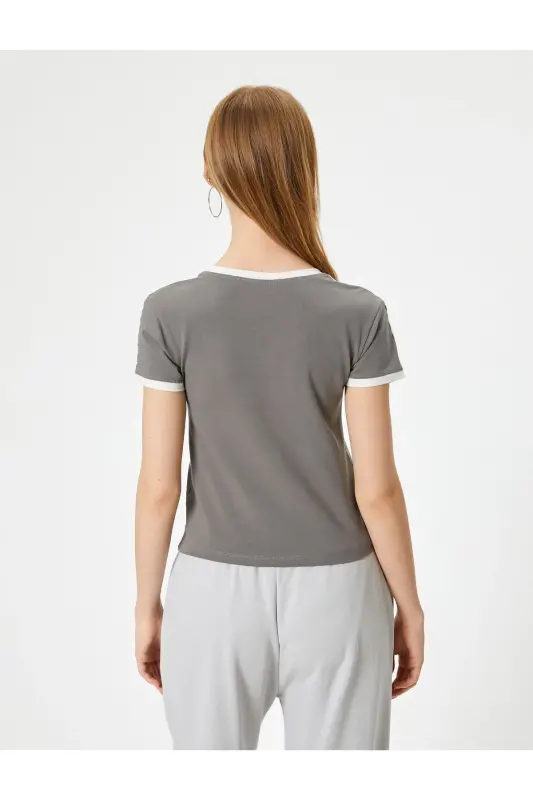 Kolej Tişört Baskılı Slim Fit Bisiklet Yaka Şerit Detaylı - Antrasit - 4
