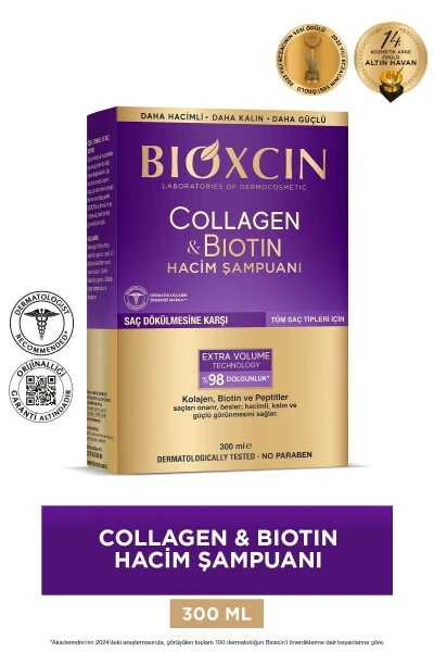 Kollagen & Biotin Ekstra Hajm Shampo 300 Ml - Kollagen Biotin Yupqa Yengil Sochlar Uchun - BIOXCIN