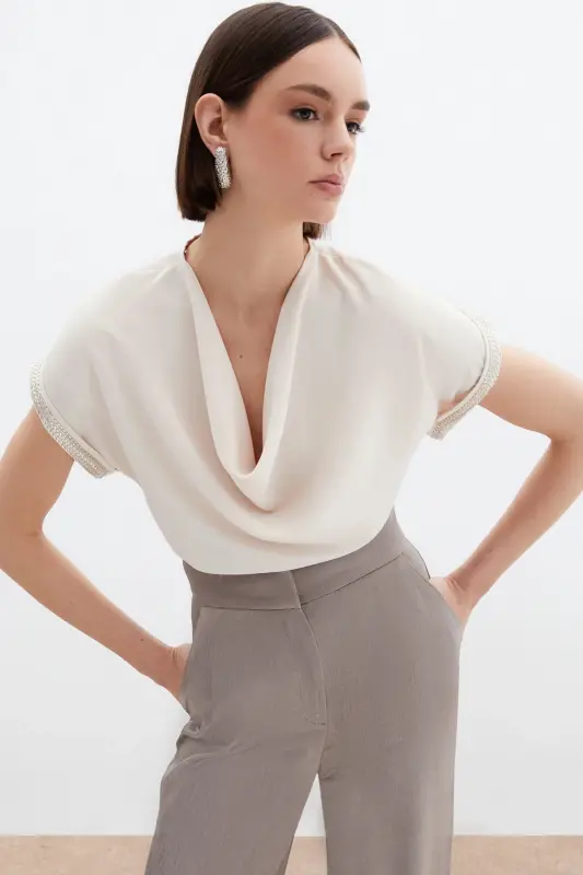 Kollar Taş Detaylı Salaş Bluz - Bej-BEJ - 2