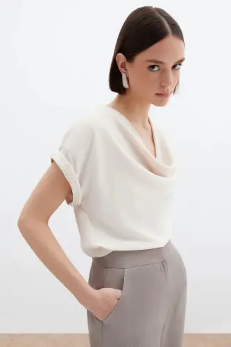 Kollar Taş Detaylı Salaş Bluz - Bej-BEJ - 3