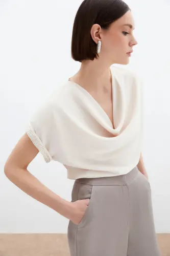 Kollar Taş Detaylı Salaş Bluz - Bej-BEJ - 4