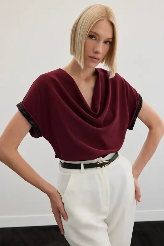 Lässige Bluse mit Steindetails an den Ärmeln - Weinrot - Bordeaux - 3