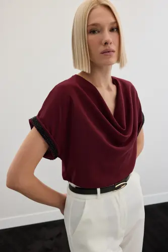 Lässige Bluse mit Steindetails an den Ärmeln - Weinrot - Bordeaux - 4