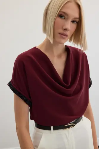 Lässige Bluse mit Steindetails an den Ärmeln - Weinrot - Bordeaux - 5