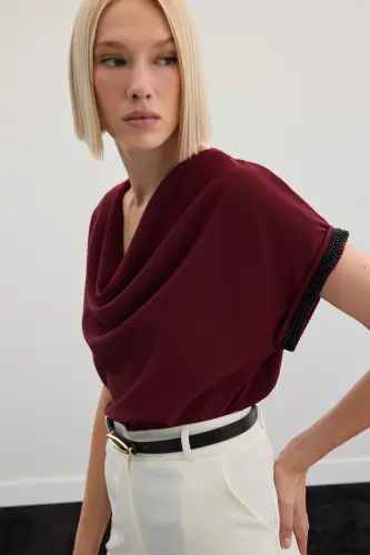Lässige Bluse mit Steindetails an den Ärmeln - Weinrot - Bordeaux - 6