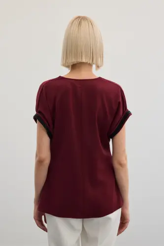 Lässige Bluse mit Steindetails an den Ärmeln - Weinrot - Bordeaux - 7