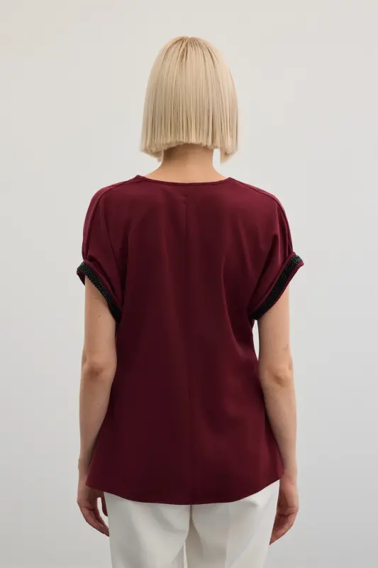 Lässige Bluse mit Steindetails an den Ärmeln - Weinrot - Bordeaux - 7
