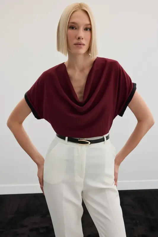 Kollar Taş Detaylı Salaş Bluz - Bordo-Bordo - 2