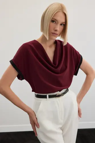 Kollar Taş Detaylı Salaş Bluz - Bordo-Bordo - 3