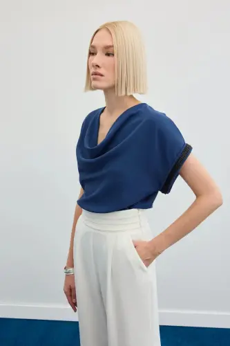 Kollar Taş Detaylı Salaş Bluz - İndigo-İndigo - 3