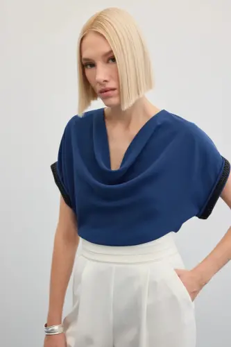 Kollar Taş Detaylı Salaş Bluz - İndigo-İndigo - 4