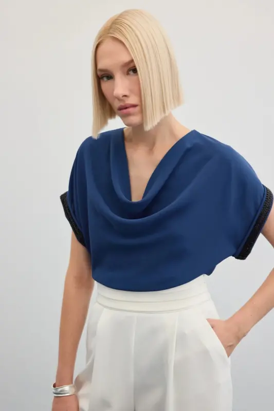 Kollar Taş Detaylı Salaş Bluz - İndigo-İndigo - 4