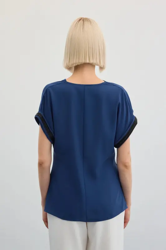 Kollar Taş Detaylı Salaş Bluz - İndigo-İndigo - 8