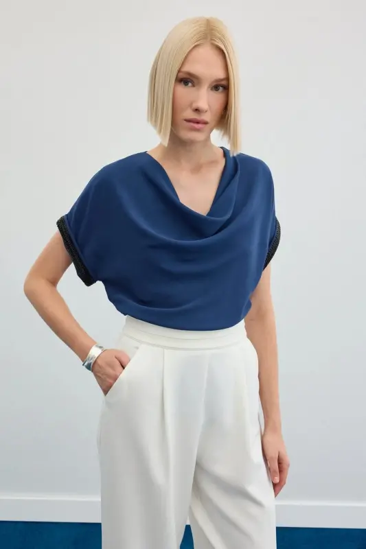 Kollar Taş Detaylı Salaş Bluz - İndigo-İndigo - 2