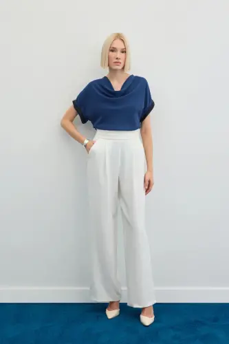 Kollar Taş Detaylı Salaş Bluz - İndigo-İndigo - 5