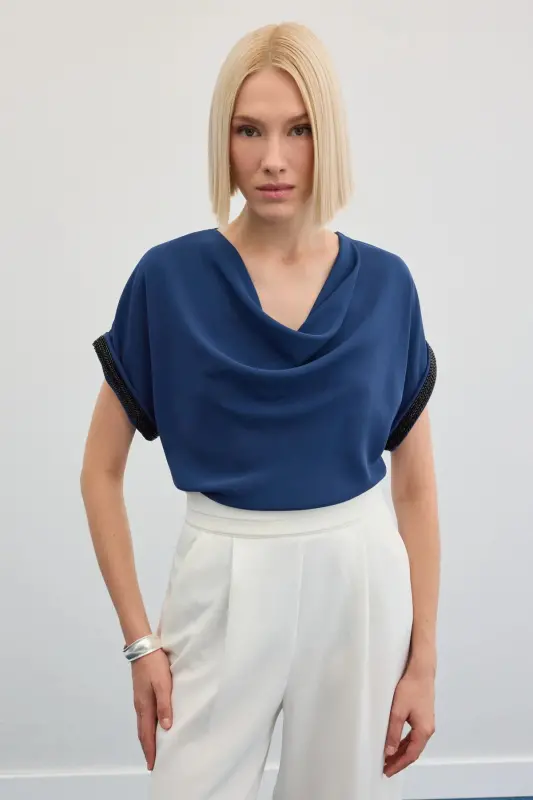 Kollar Taş Detaylı Salaş Bluz - İndigo-İndigo - 6