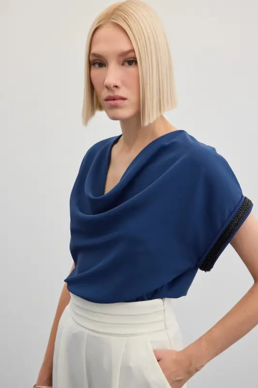 Kollar Taş Detaylı Salaş Bluz - İndigo-İndigo - 7