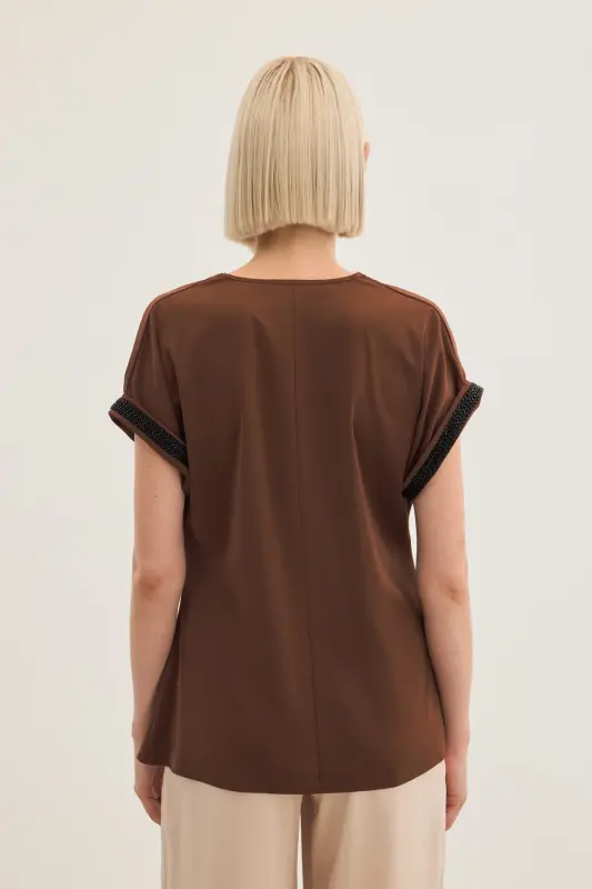Kollar Taş Detaylı Salaş Bluz - Kahve-Kahve - 7