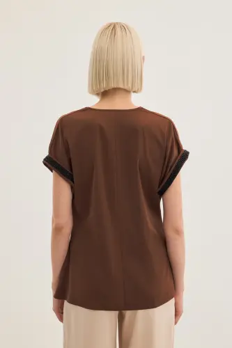 Kollar Taş Detaylı Salaş Bluz - Kahve-Kahve - 7
