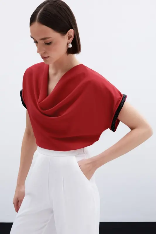 Kollar Taş Detaylı Salaş Bluz - Kırmızı-Kırmızı - SATEEN