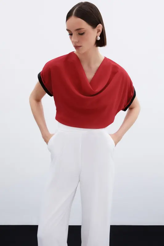 Kollar Taş Detaylı Salaş Bluz - Kırmızı-Kırmızı - 3