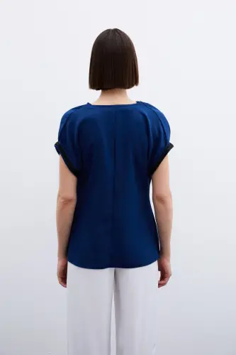 Kollar Taş Detaylı Salaş Bluz - Lacivert - Lacivert - 6