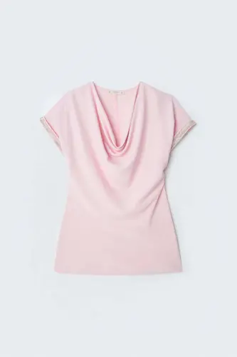 Kollar Taş Detaylı Salaş Bluz - Pembe - Pembe - 1