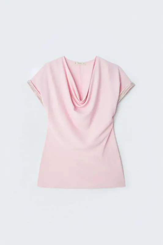 Kollar Taş Detaylı Salaş Bluz - Pembe - Pembe - SATEEN