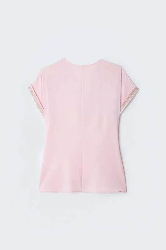 Kollar Taş Detaylı Salaş Bluz - Pembe - Pembe - 3
