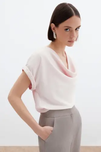 Kollar Taş Detaylı Salaş Bluz - Pudra-Pudra - 3