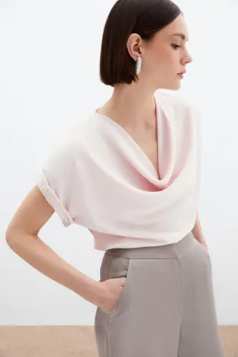 Kollar Taş Detaylı Salaş Bluz - Pudra-Pudra - 4