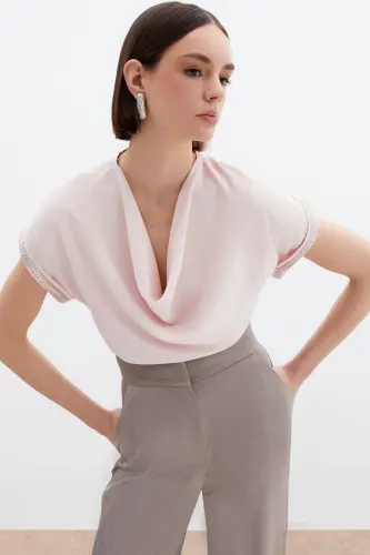 Kollar Taş Detaylı Salaş Bluz - Pudra-Pudra - SATEEN (1)
