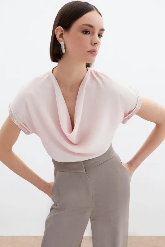 Kollar Taş Detaylı Salaş Bluz - Pudra-Pudra - 2