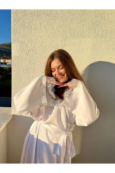 Kolları Dantelli ipeksi Saten Uzu Gelin Sabahlık - Modazone