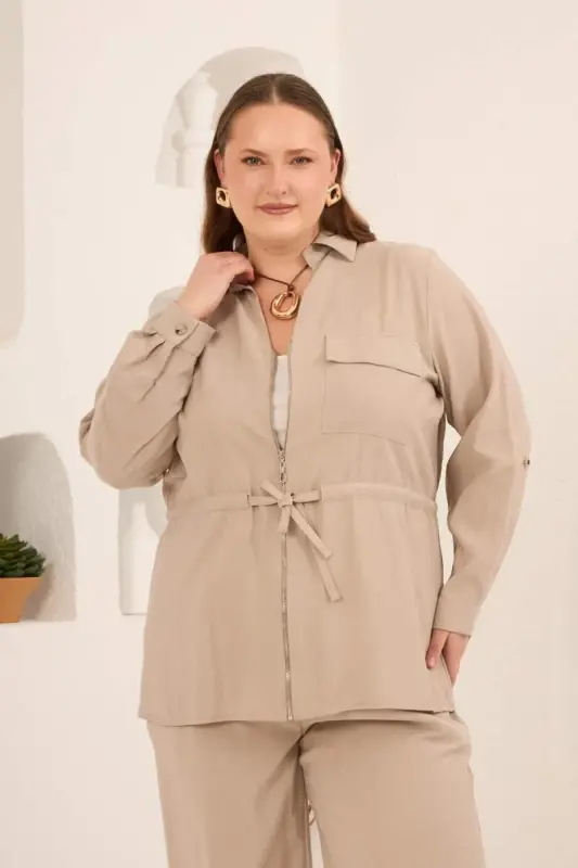 Kolları Piliseli Bel Bağcık Detaylı Kadın Büyük Beden Ceket Bej - 1